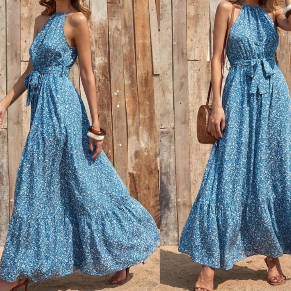 Boho floral print belted halter maxi dress - Picture 1 of 5